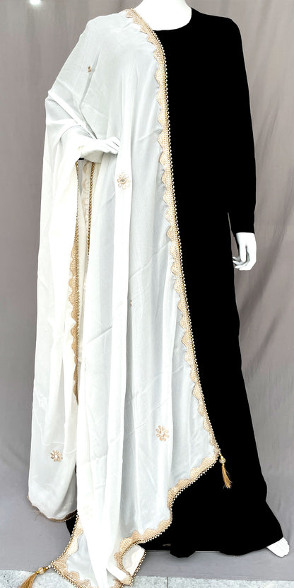 White Pure Chinon Dupatta with Gota patti Handwork Floral Mirror Work Hand Embroidery Rajasthani Stole Wrap ACD21744