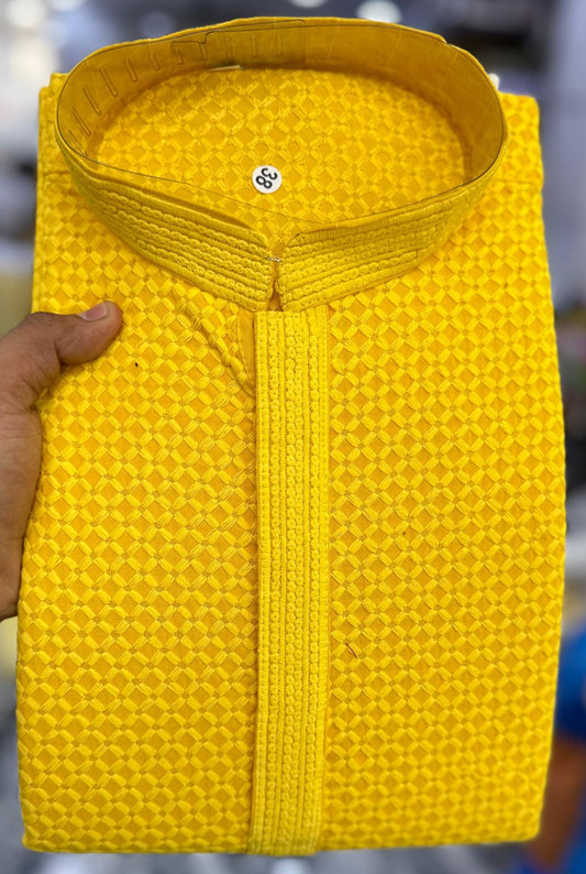 Yellow Lukhnawi Work Men Kurta Pajama, Men Indian Wear, Schifili Kurta Pajama, Rayon Kurta Pajama, Men Indian Wedding Wear, Indian Ethnic