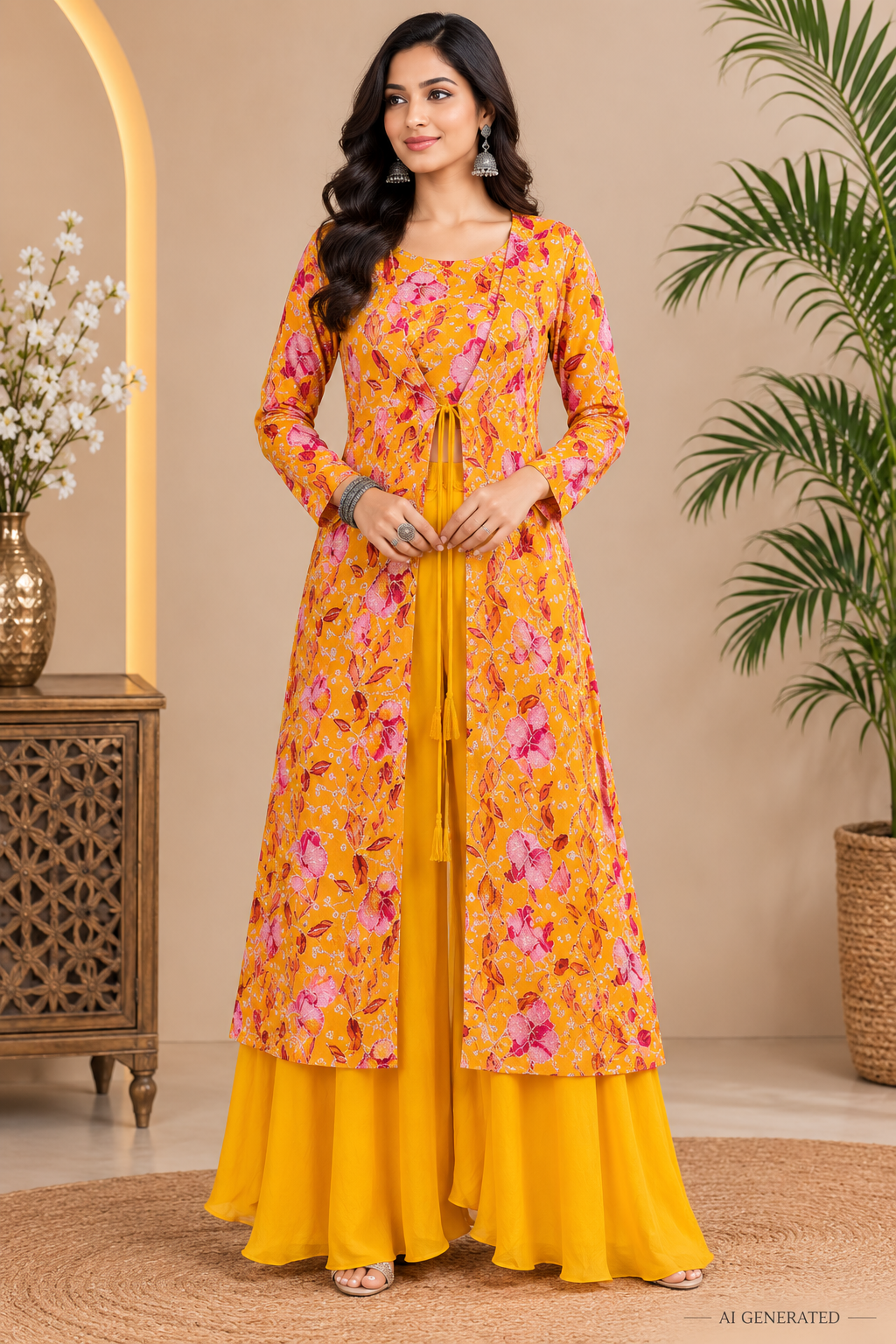 Floral Indo-Western Co-Ord Set with Natural Crepe Jacket & Top | Chinon Palazzo | Hand Embroidered | Women’s Party & Wedding Outfit