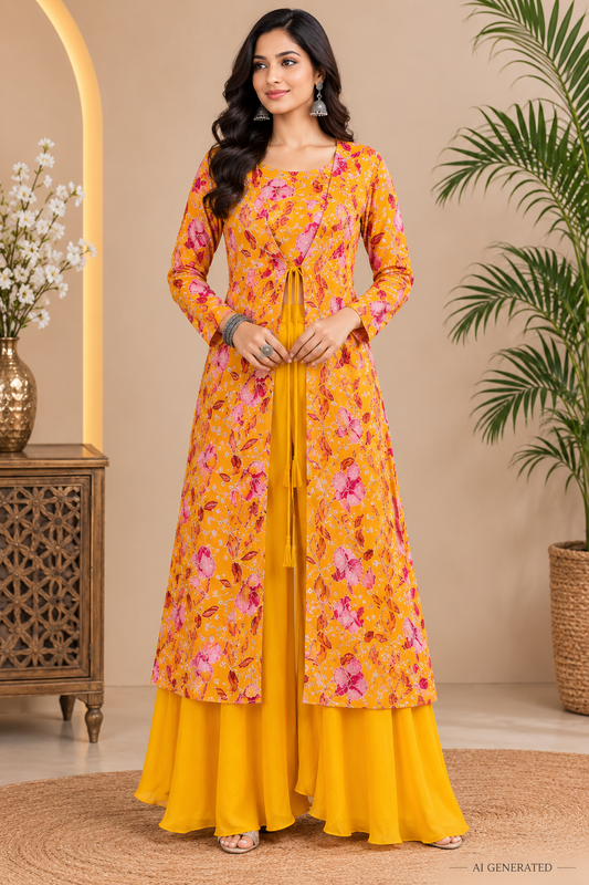 Floral Indo-Western Co-Ord Set with Natural Crepe Jacket & Top | Chinon Palazzo | Hand Embroidered | Women’s Party & Wedding Outfit
