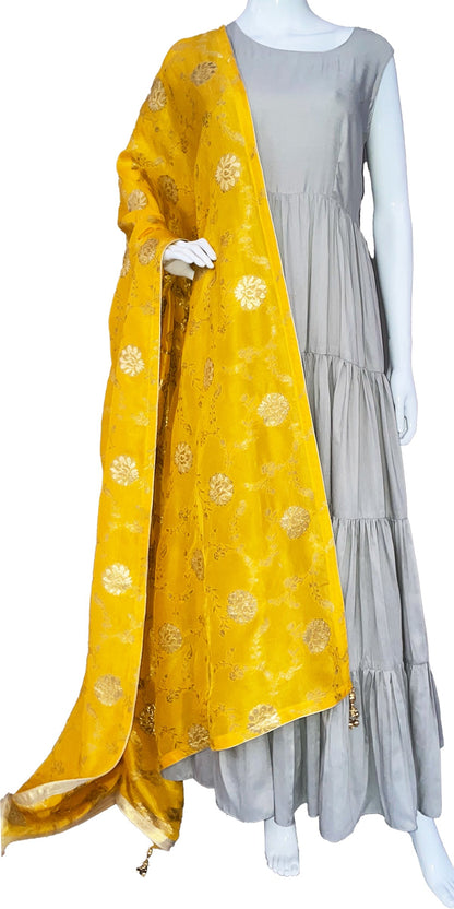 Yellow Dupatta for Women Pure Dola Silk Gold Zari Floral Banarasi Dupattas /Shawl with Fancy Tassels