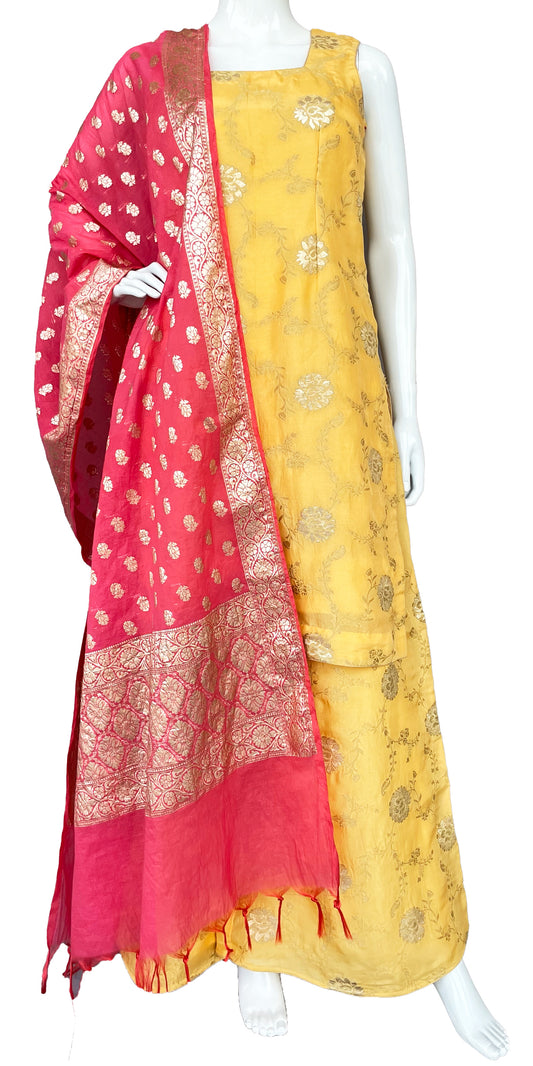 Yellow Pure Silk Palazzo Suit with Dupatta, Zari Floral Embroidery All over, Sleeveless kurta Palazzo