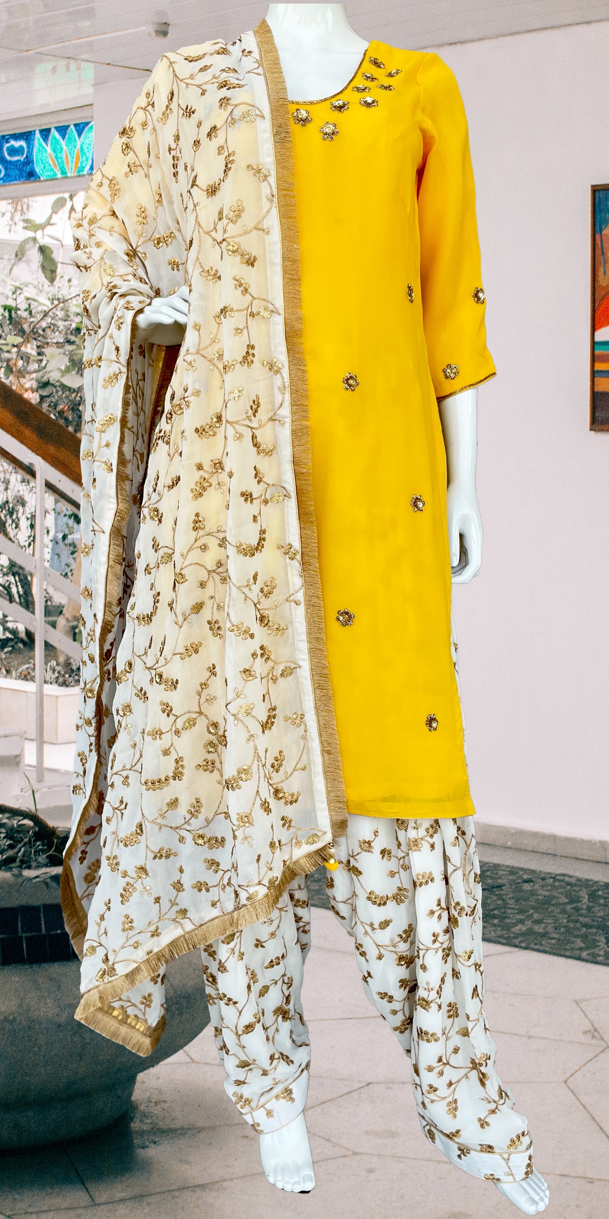 Yellow White Punjabi Patiala Salwar Suit, Embroidered Suit, Pure Georgette