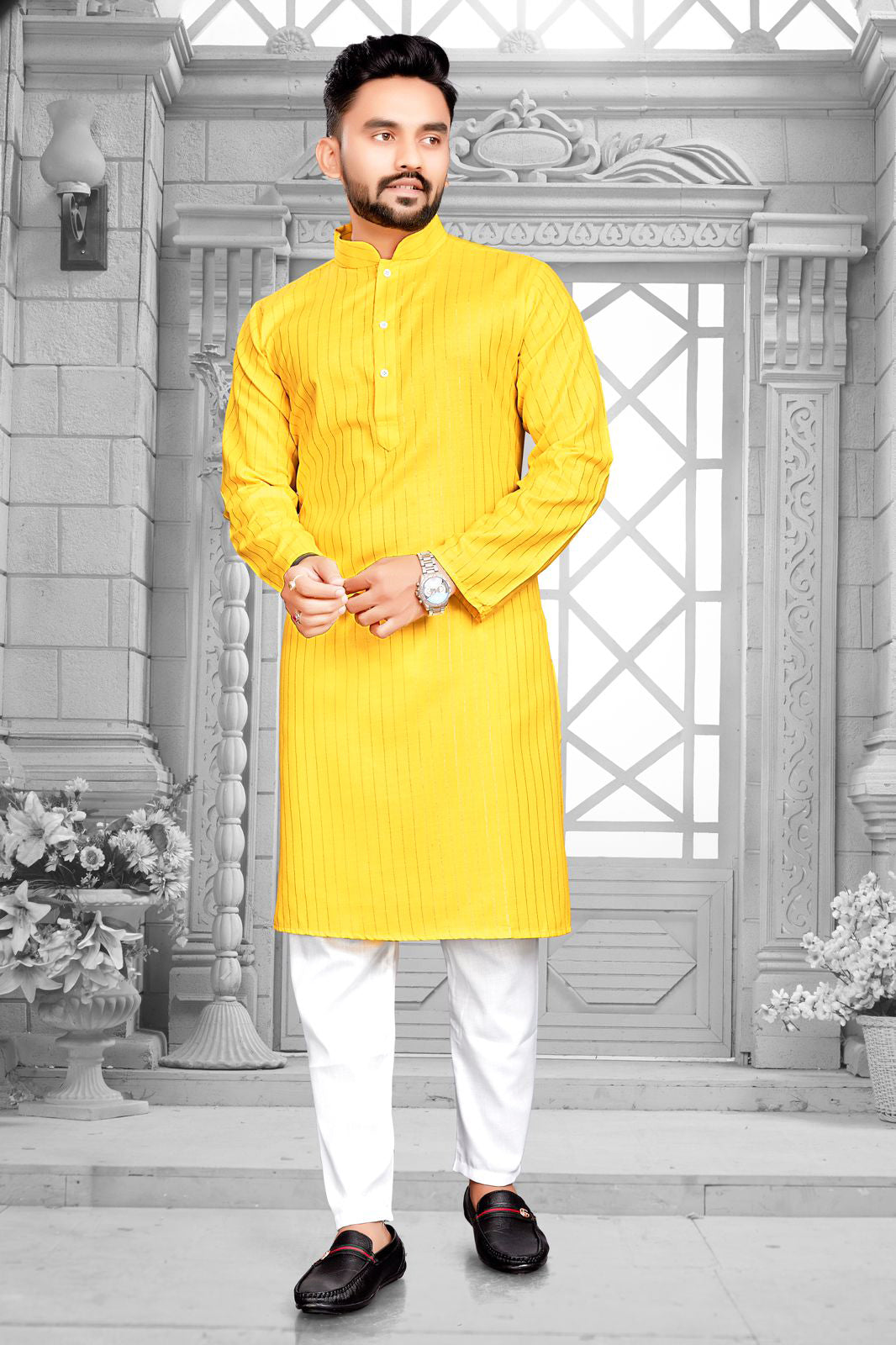 Yellow Men Kurta Pajama, Men Indian Wear, Lurex Kurta Pajama