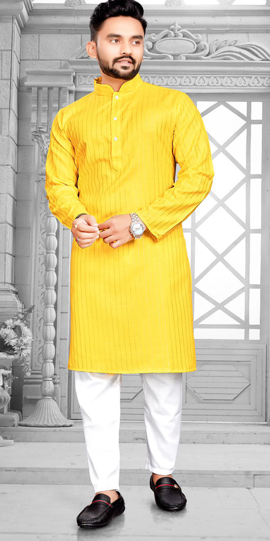 Yellow Lurex Men Indian Wear, Men Kurta Pajama, Yellow  Shining Lurex  kurta, White Pajama for men. Boys Indian Wear, Yellow Pooja wear for men, Gurudwara wear, Mosque wear, Temple wear for men, Cotton Kurta Pajama, Partywear Kurta Pajama, Navratri