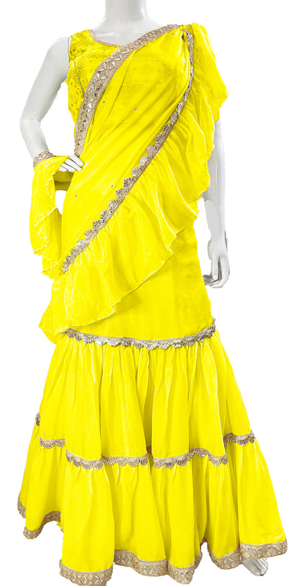 Bright yellow Pure Chinon Saree, Ready to wear Sari, Skirt Saree with Pure Dola SILK Blouse