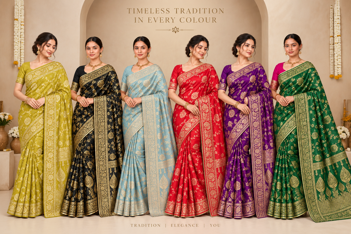 Six women modeling traditional Indian sarees in a studio setting. The sarees are in yellow-green, black, light blue, red, purple, and green, all with ornate gold zari patterns.
