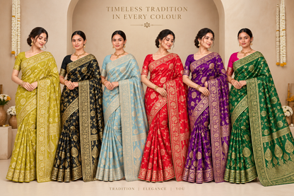 Six women modeling traditional Indian sarees in a studio setting. The sarees are in yellow-green, black, light blue, red, purple, and green, all with ornate gold zari patterns.