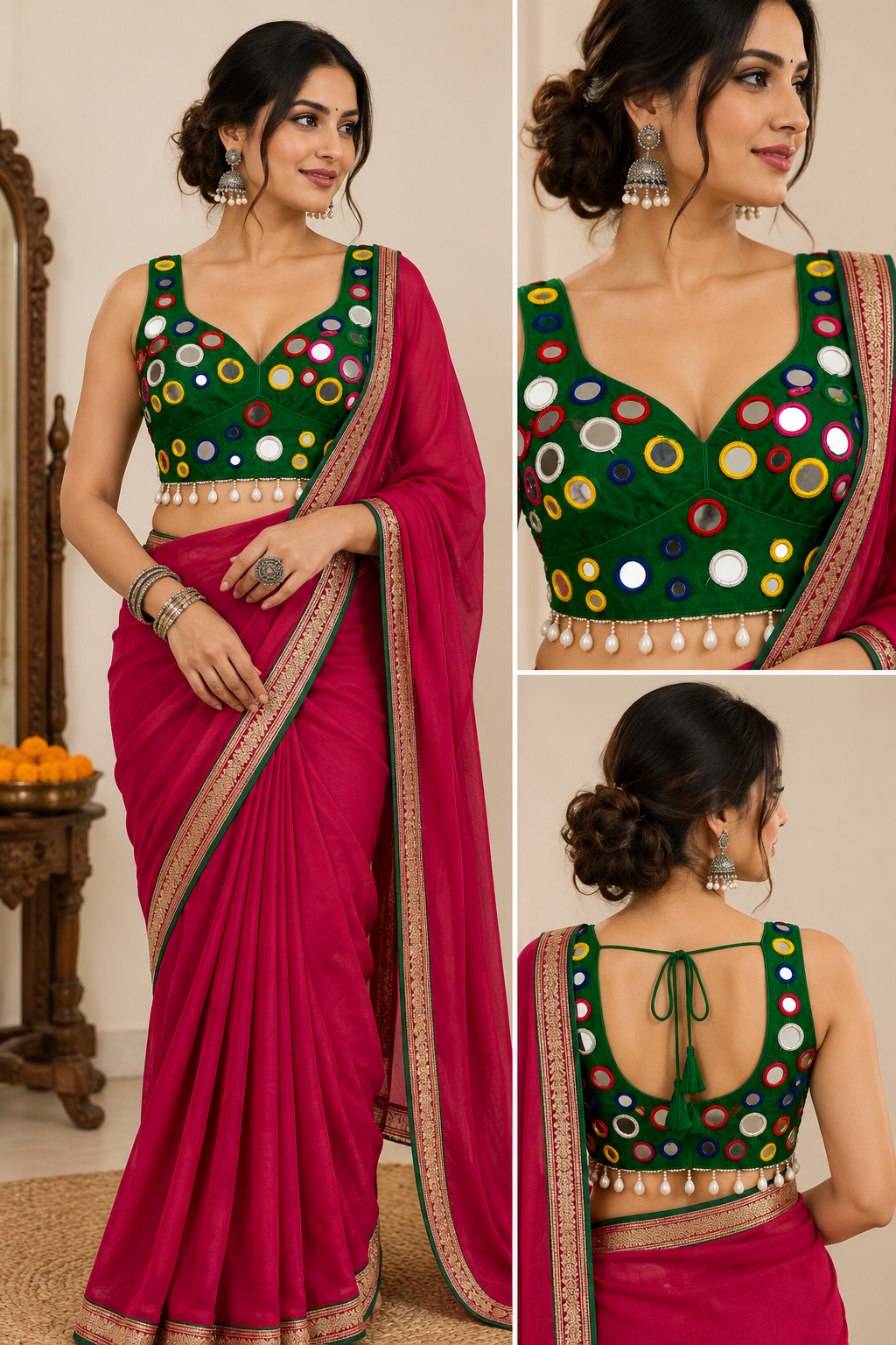 A woman modeling a bright pink saree with a dark green embroidered blouse, shown in a full-body view and two close-up panels highlighting the blouse details.