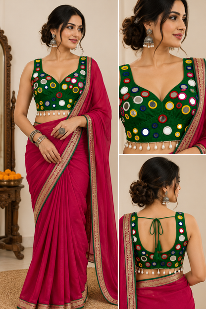 A woman modeling a bright pink saree with a dark green embroidered blouse, shown in a full-body view and two close-up panels highlighting the blouse details.