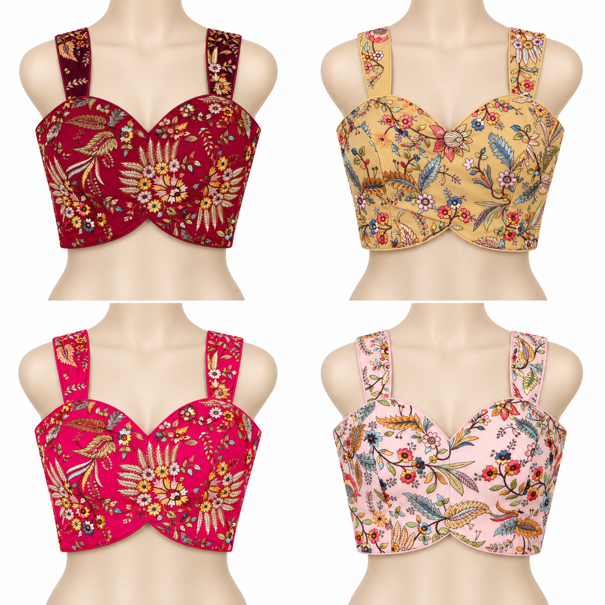 multiple colors floral Navratri designer blouse with botanical motifs and metallic accent