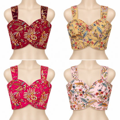 multiple colors floral Navratri designer blouse with botanical motifs and metallic accent
