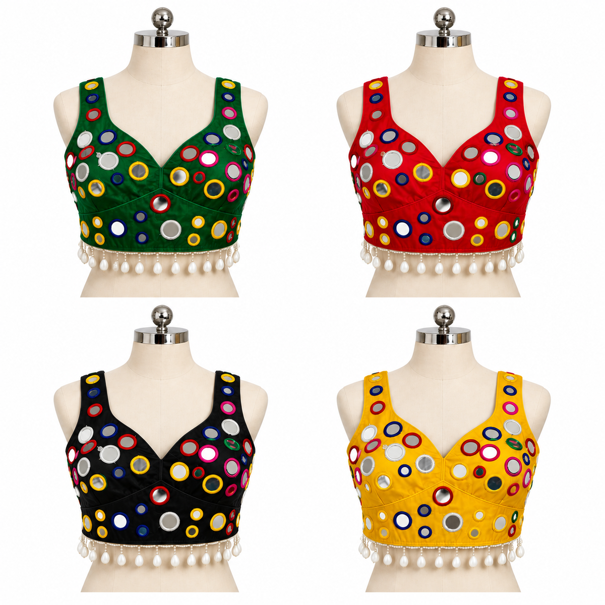 Four sleeveless mirror-embroidered blouse tops displayed on mannequins, arranged in a 2x2 grid. The tops are shown in green, red, black, and mustard yellow, each decorated with colorful circular mirror work and a white tassel border at the hem.