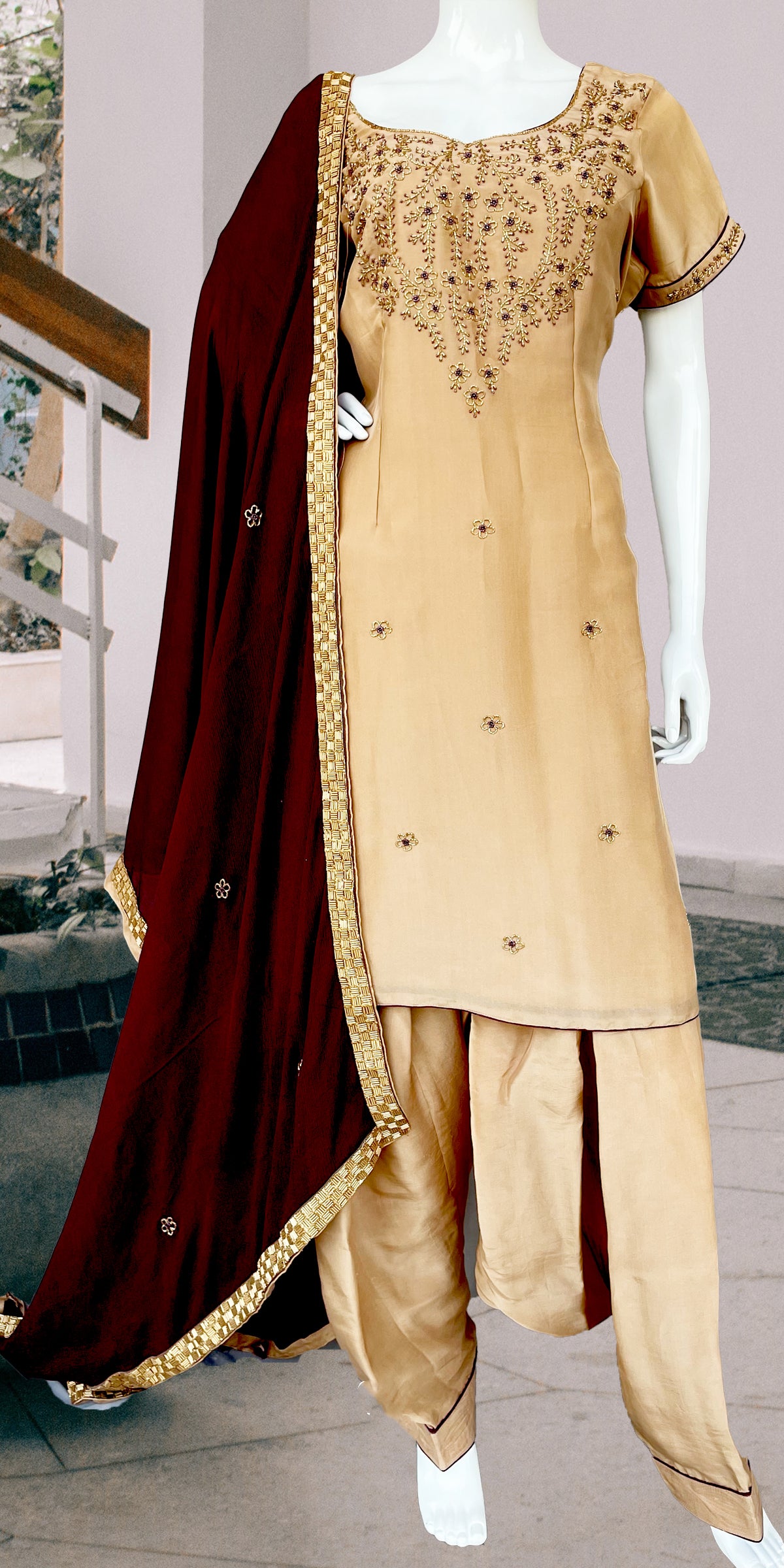 Beige Patiala Salwar Suit, Wine Patiala Salwar Suit, Indian Wedding wear, Hand Embroidered Salwar Suit, Indian Temple wear, India wear, South Asian wear, Maroon Dupatta Suit, Punjabi Salwar Suit.