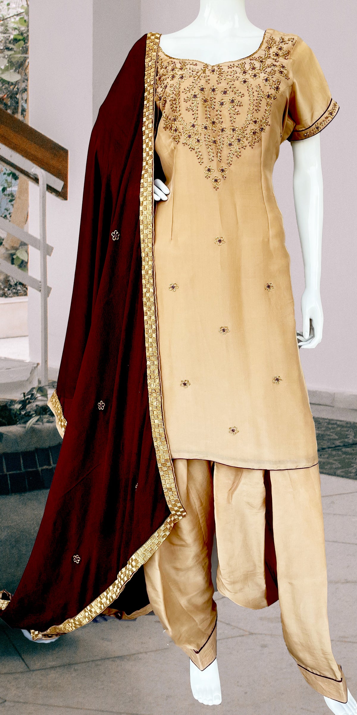 Beige Wine Punjabi Patiala Salwar Suit, Pure Upada Silk Punjabi Suit