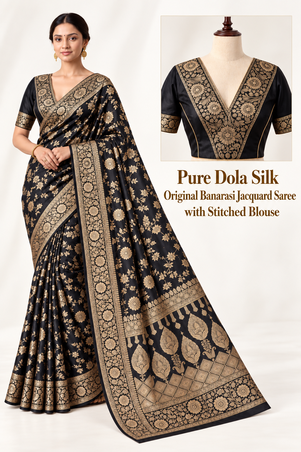 A woman models a black and gold Banarasi silk saree with an intricate gold zari pattern, paired with a matching embroidered black blouse. An inset image on the top right shows the detailed embroidery on the blouse.