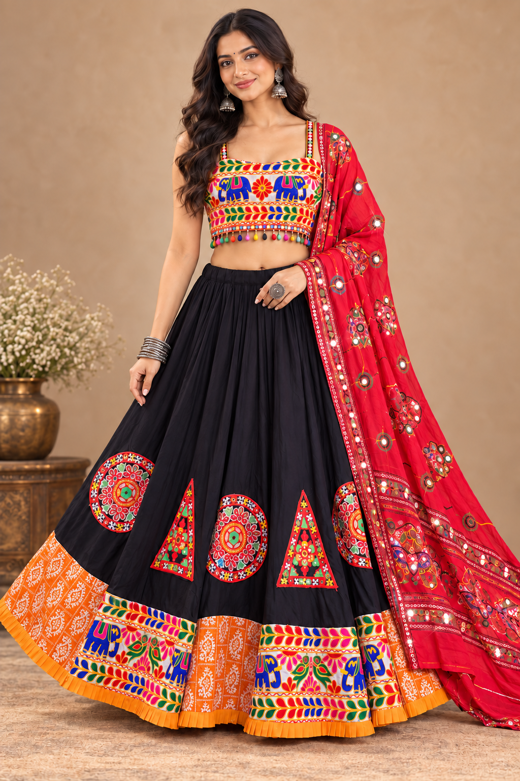  AI visualization of a model wearing a black chaniya choli Garba outfit with a red mirror-work dupatta.