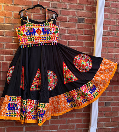 Original product photo of the black chaniya choli with multicolor embroidery, satin blouse,