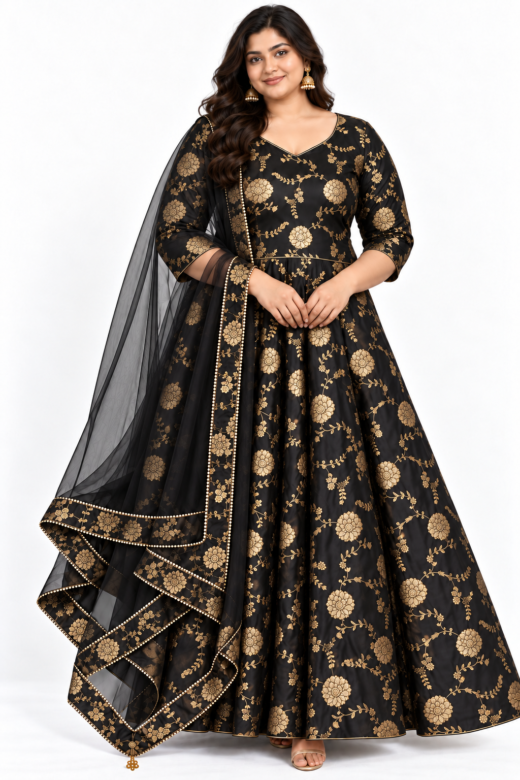 Black Dola silk jacquard Anarkali dress with gold floral pattern and matching sheer net dupatta