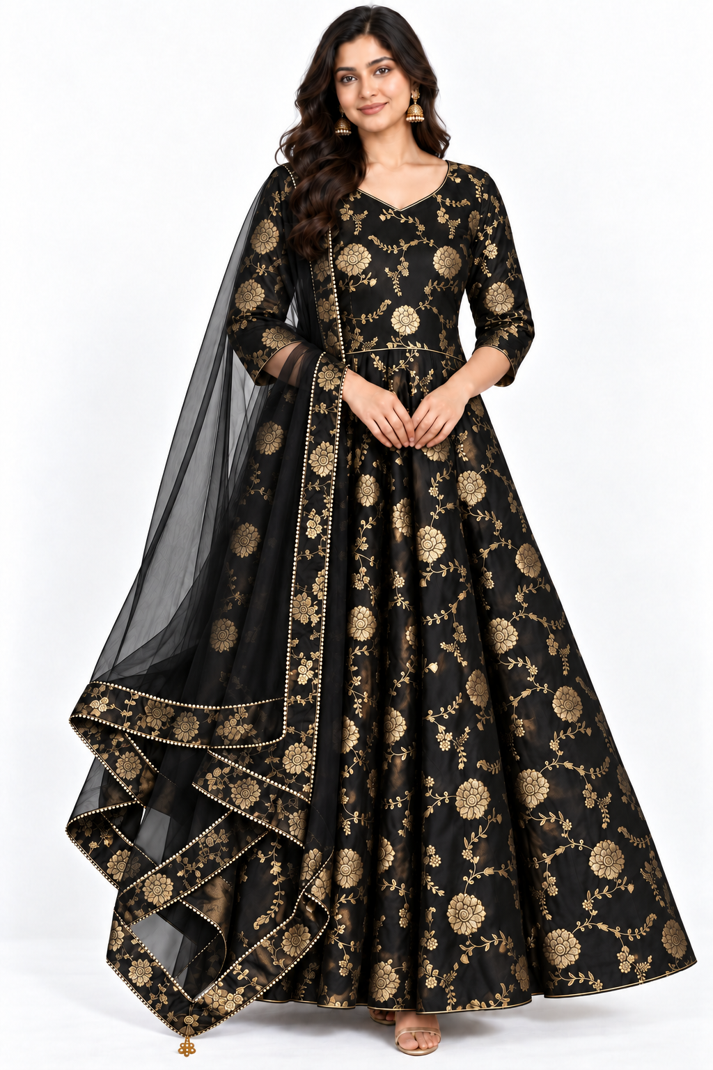 Black Dola silk jacquard Anarkali dress with gold floral pattern and matching sheer net dupatta
