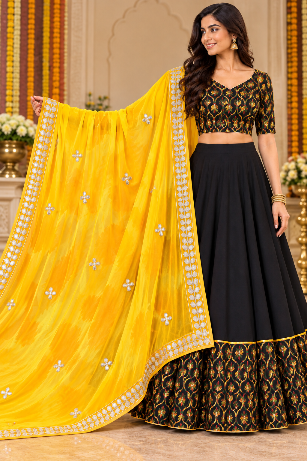 Black lehenga blouse with V neckline, multicolor embroidery and sequin work
