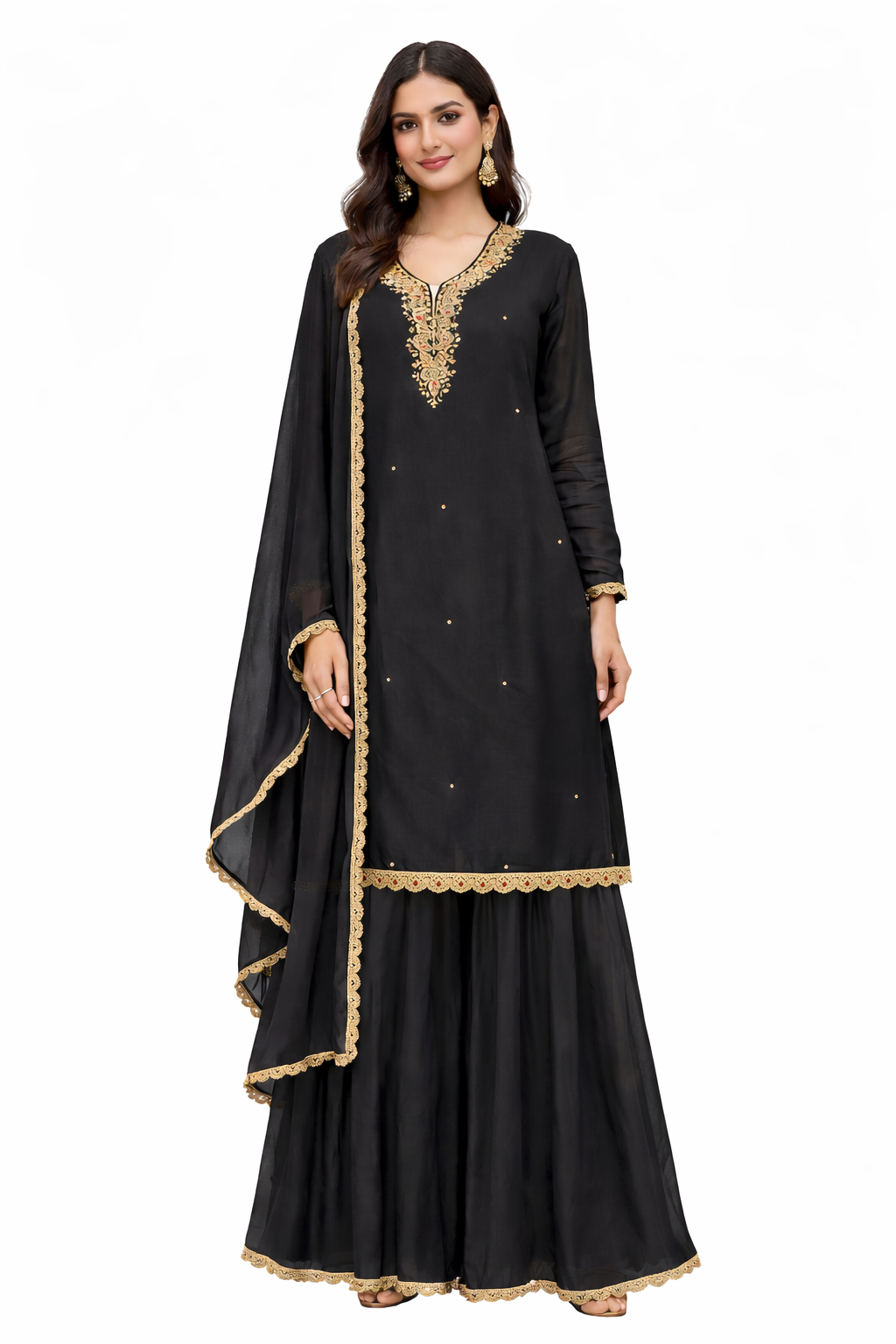 Full view of black georgette embroidered kurta with flared sharara and matching dupatta