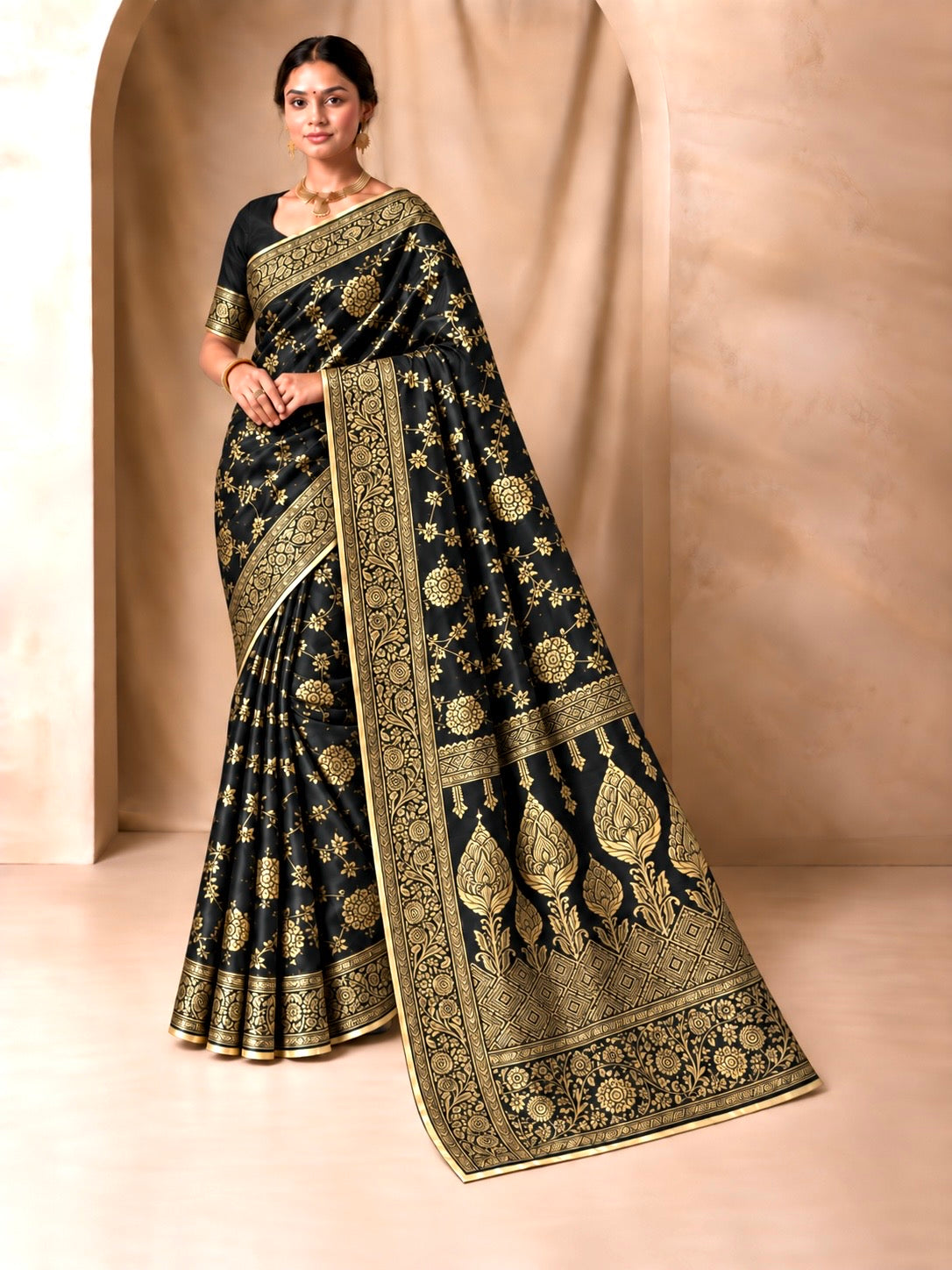 Black jacquard saree with bright gold floral zari border and detailed pallu
