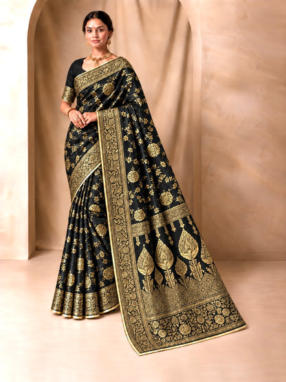 Black jacquard saree with bright gold floral zari border and detailed pallu