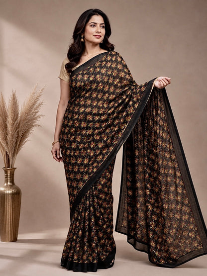 Jet black Kanchan Phulkari Chinnon saree with multicolor Reshmi thread embroidery and sequins