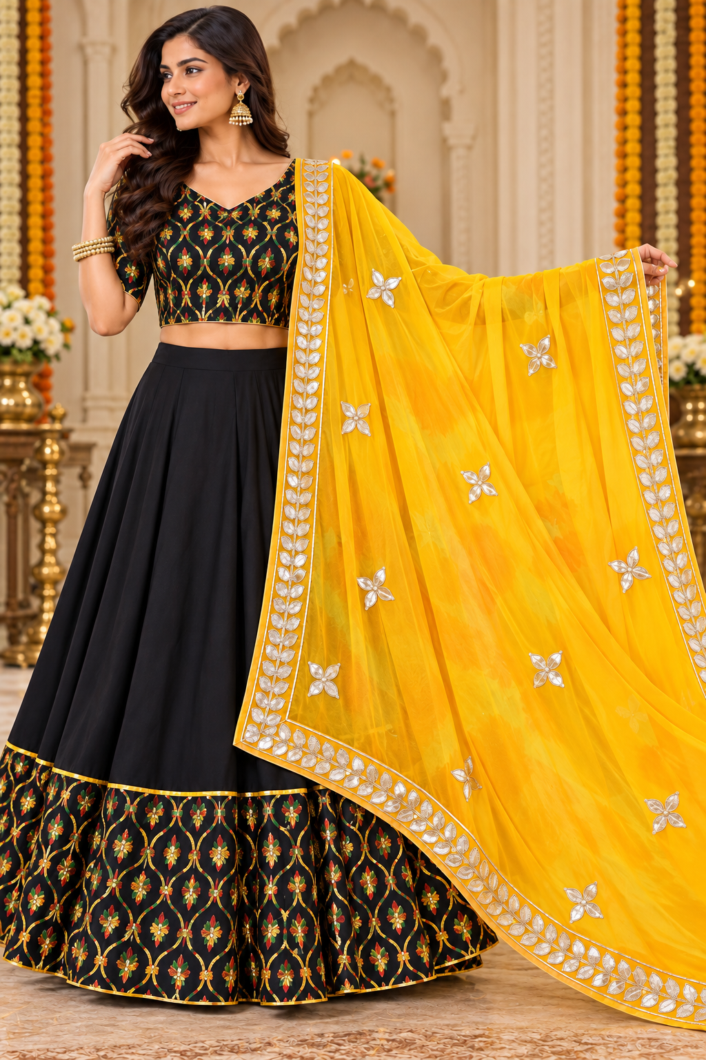 Black embroidered half sleeve lehenga blouse with deep V back neckline