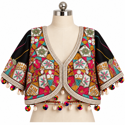 A cropped, short-sleeve blouse displayed on a cream dress form. The blouse features a black base with dense, colorful patchwork embroidery in pink, orange, teal, green, and gold, finished with a cream beaded V-neck trim and hanging multicolor tassels.