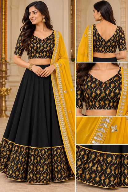 Black Upada silk lehenga choli with multicolor embroidery and pure Chinon gota patti dupatta