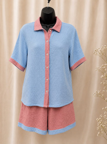Blue and pink cotton double gauze pajama set with close-up fabric detail