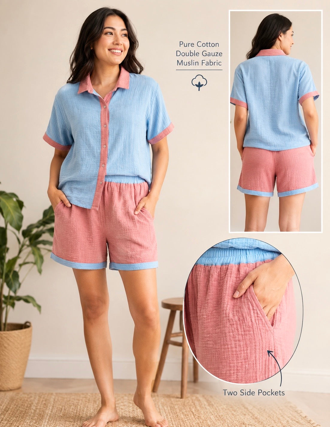 Blue and pink cotton pajama set shown from front and back