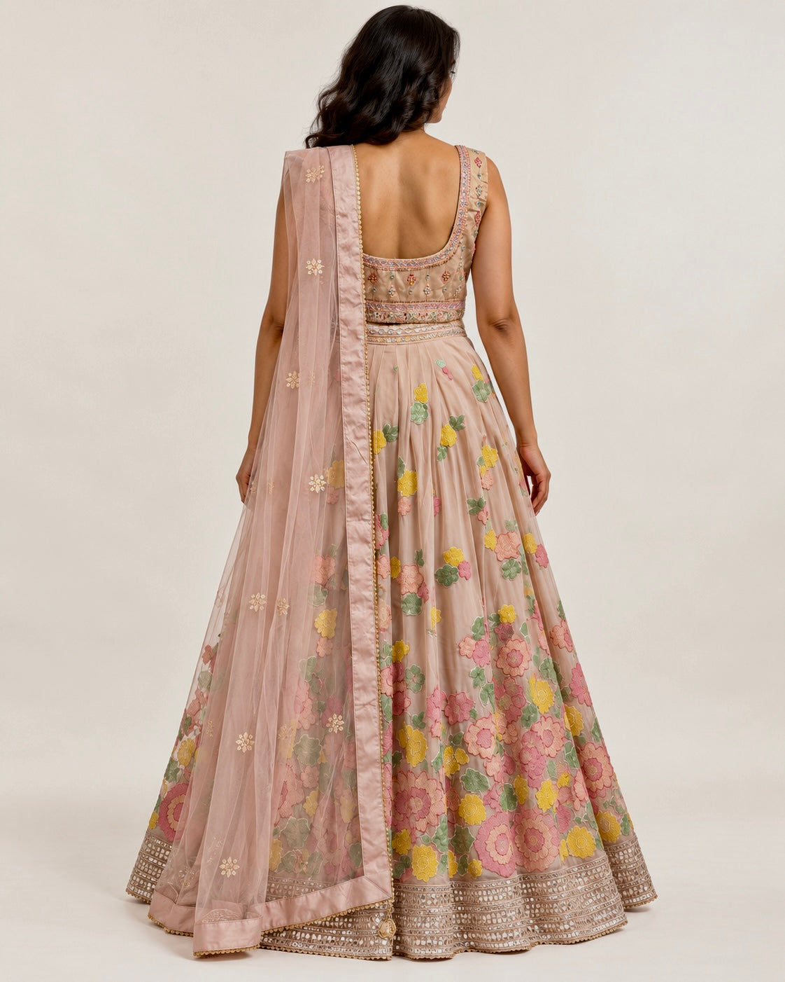 Original product photo of blush peach embroidered lehenga blouse back and dupatta