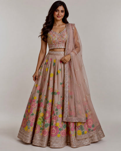 Original product photo of blush peach organza floral embroidered lehenga set front view