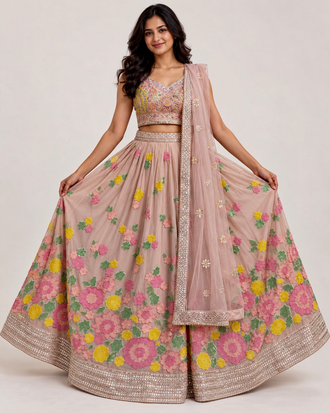 AI Visualization showing the full ghera and floral embroidery of blush peach lehenga