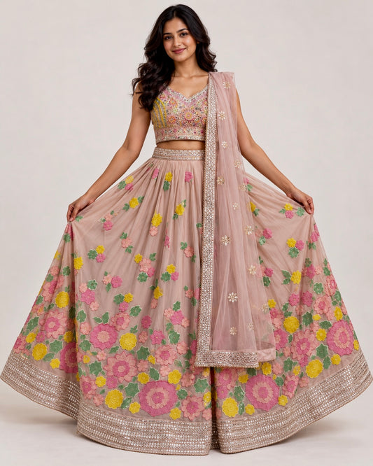 AI Visualization showing the full ghera and floral embroidery of blush peach lehenga
