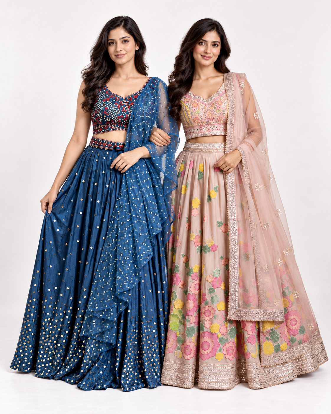Original product photo of blush peach and royal blueembroidered lehenga blouse back and dupatta
