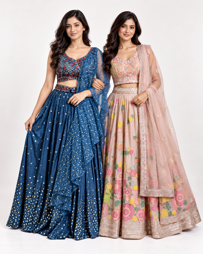 Original product photo of blush peach and royal blueembroidered lehenga blouse back and dupatta