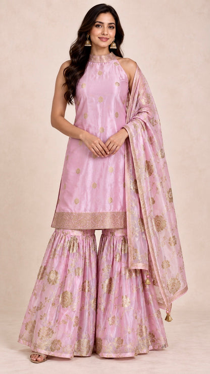 Blush pink Dola Silk palazzo suit set with gold zari woven motifs and detailed Georgette dupatta