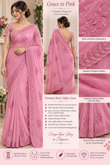 Blush pink shimmer tissue chiffon saree with embroidered pallu, floral motifs and decorative border