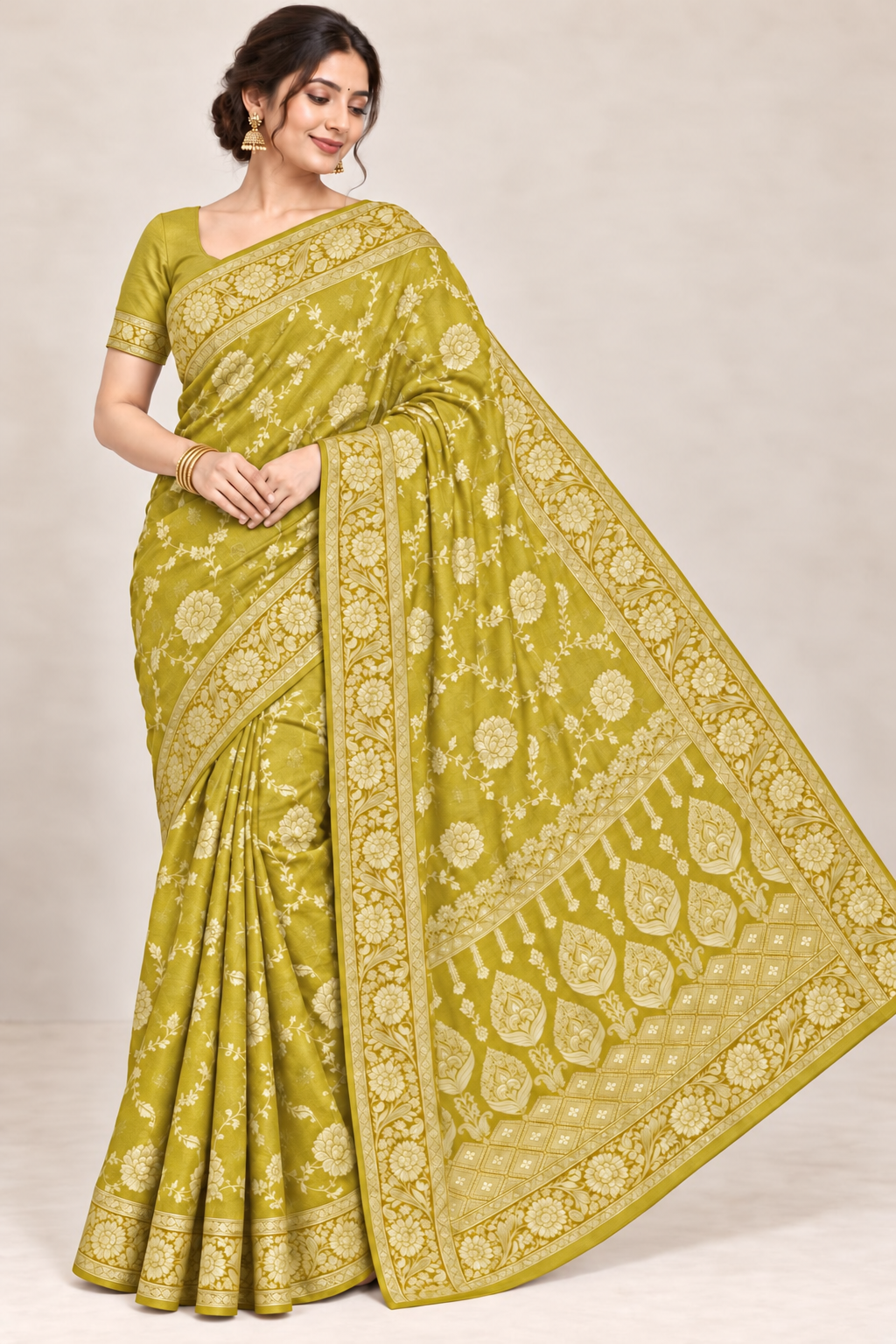 Bright green jacquard zari saree with gold floral border and designer pallu