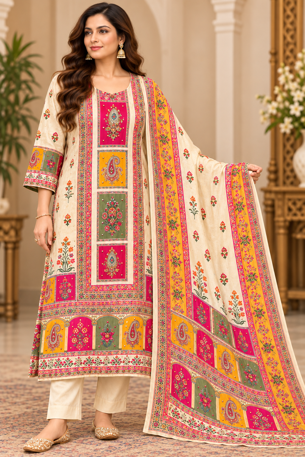 Butter cream crepe silk printed kurta pant set with colorful paisley and floral motifs, embellished neckline and four-side border dupatta