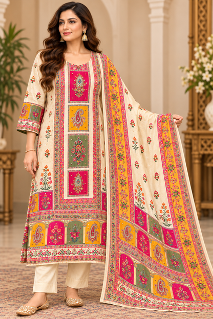 Butter cream crepe silk printed kurta pant set with colorful paisley and floral motifs, embellished neckline and four-side border dupatta
