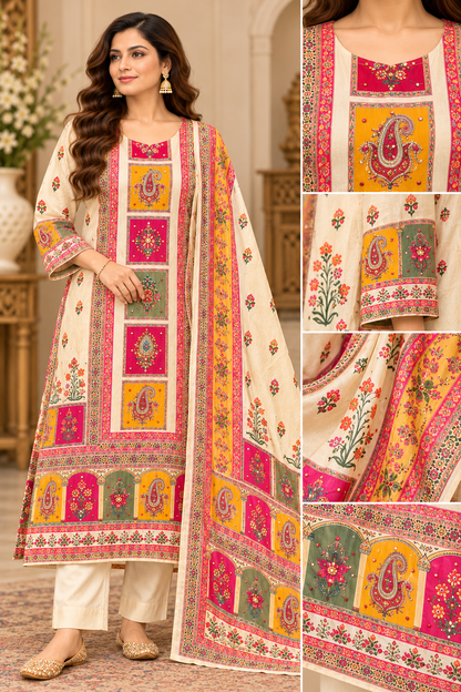 Butter cream crepe silk printed kurta pant set with colorful paisley and floral motifs, embellished neckline and four-side border dupatta