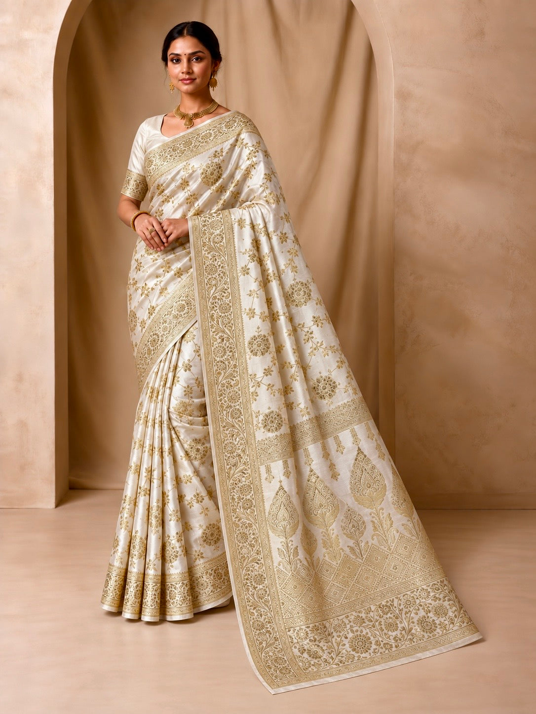 Butter off-white jacquard zari saree with subtle gold floral border and traditional pallu