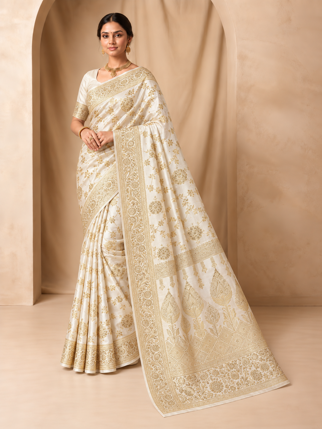 Butter off-white jacquard zari saree with subtle gold floral border and traditional pallu