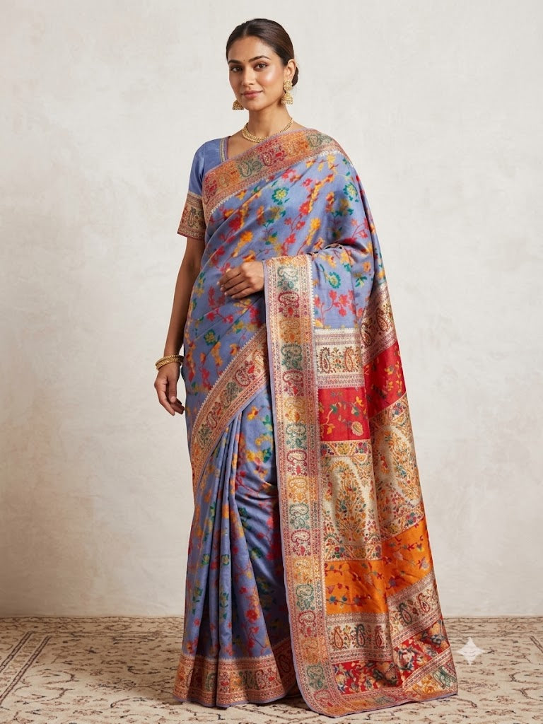 Full-length view of a model wearing the purple Chanderi silk jacquard saree with its coordinated stitched blouse.