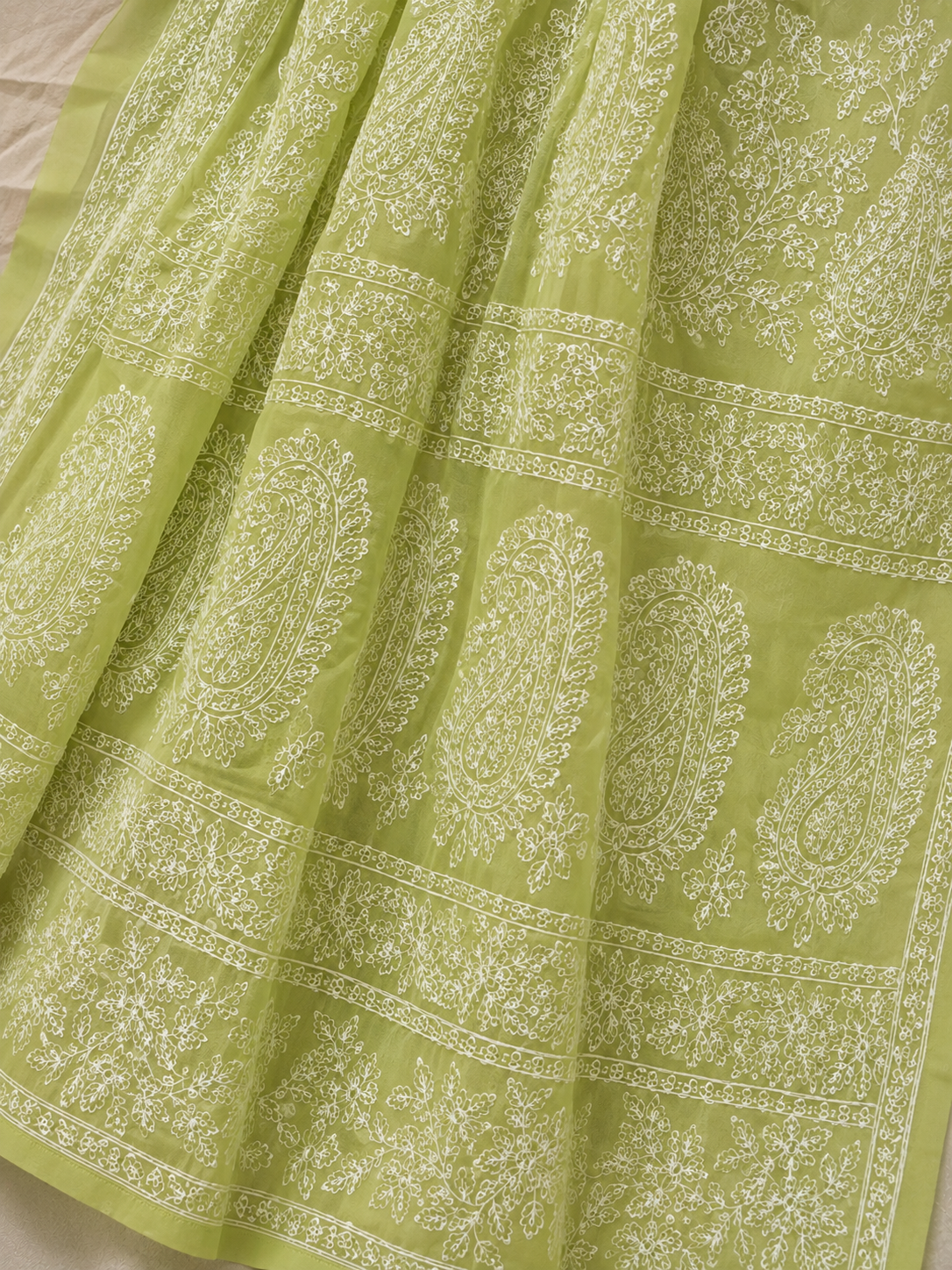 Close-up of a light green pure georgette saree showcasing intricate white floral embroidery, paisley motifs, and detailed embroidered border.